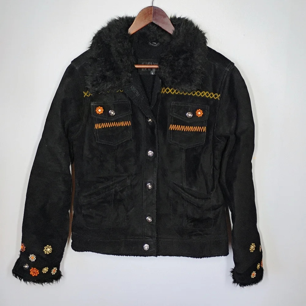 Black Faux Shearling Trim Suede Jacket with Embroidered Accents
